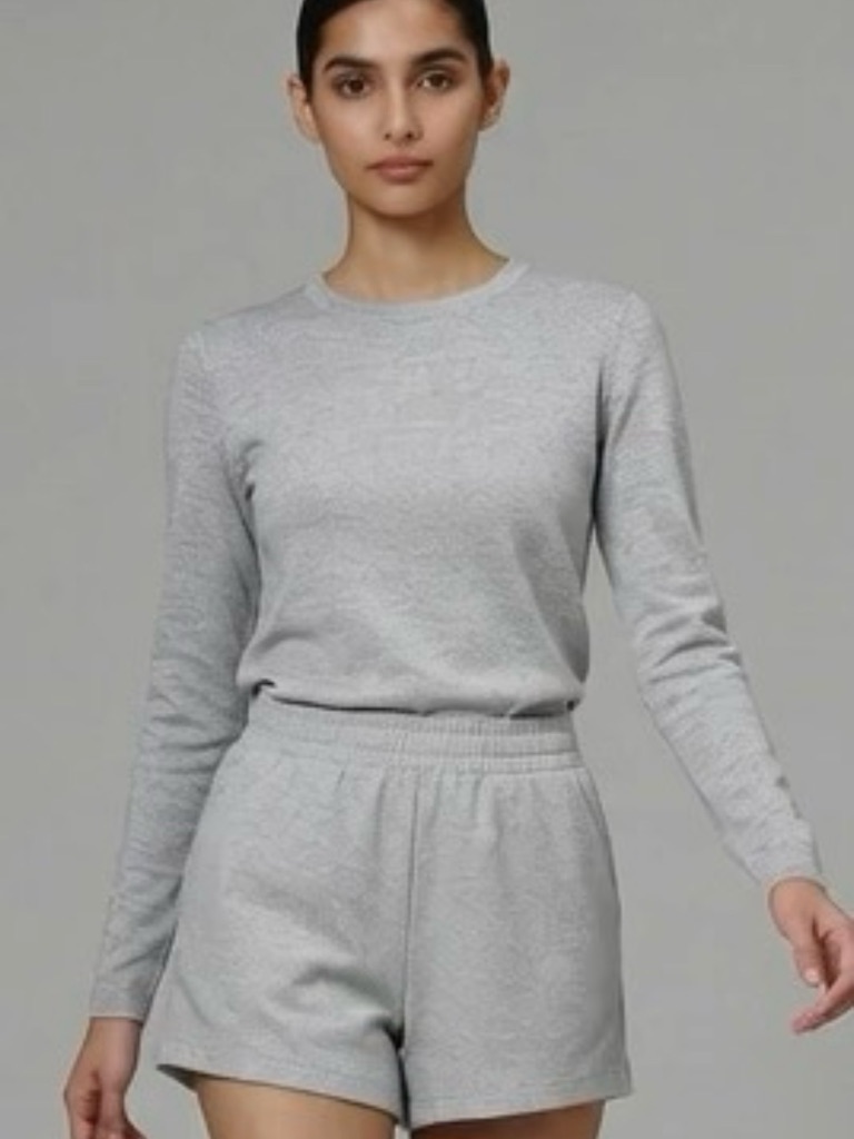 Women's Grey Lounge Set Butter Soft Long Sleeve Top & Elastic Waist Shorts